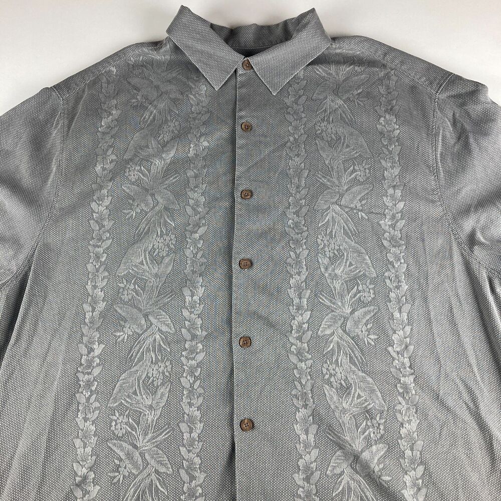 Tommy Bahama 2XB Gray 100% Silk Floral Panel Camp Shirt Big Tall